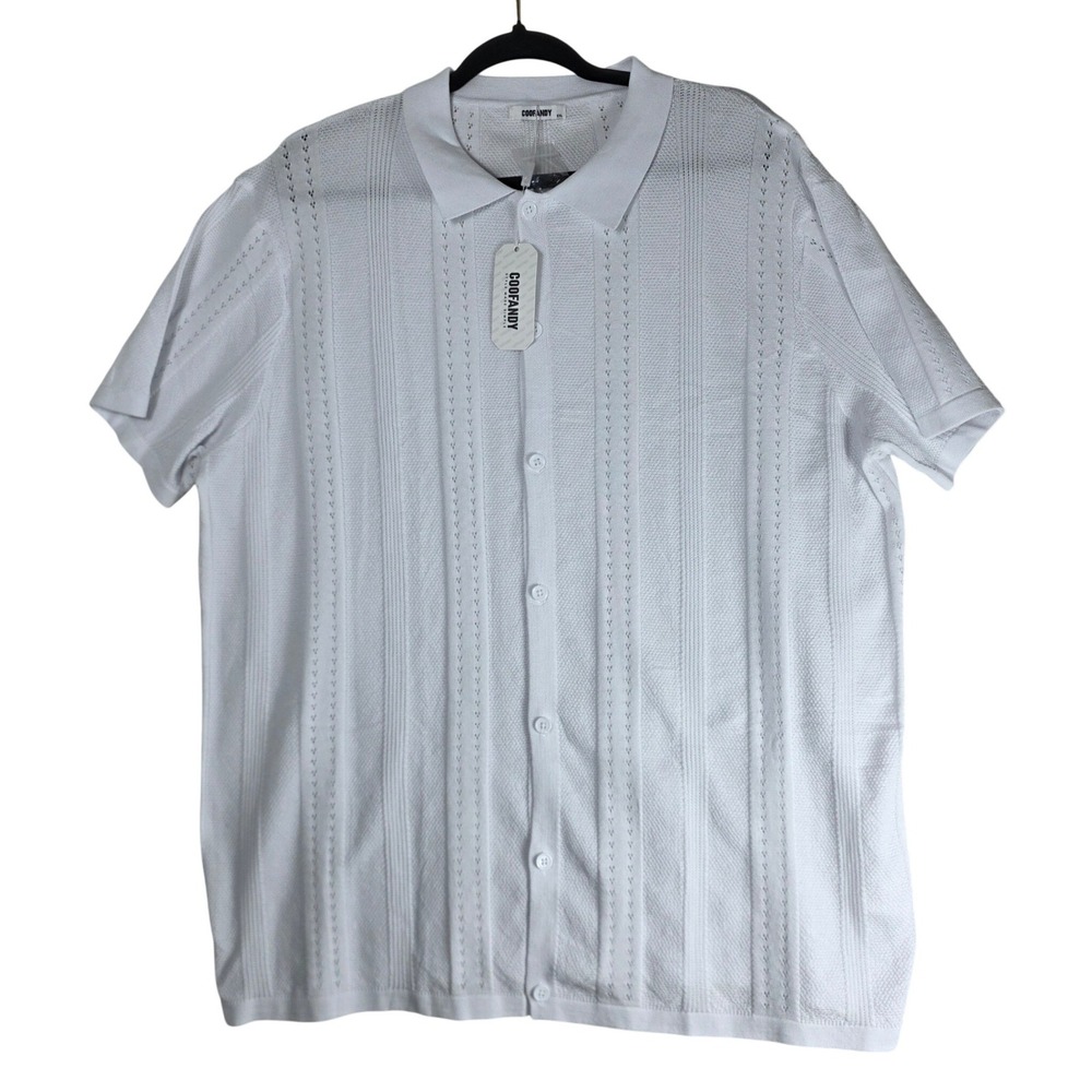 COOFANDY Knit Polo Shirt White Pointelle Textured Button Down 2XL Summer NWT